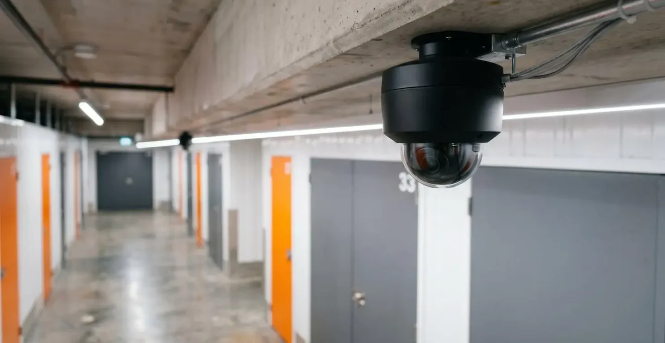 Caméra de surveillance dome noir professionnelle montée au plafond d'un couloir de centre de stockage avec boxes en arrière-plan