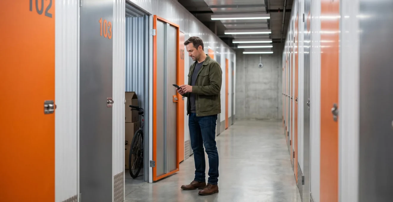 Couloir lumineux d'un centre de self-stockage moderne avec boxes individuels numérotés et caméra de surveillance visible, personne consultant son smartphone