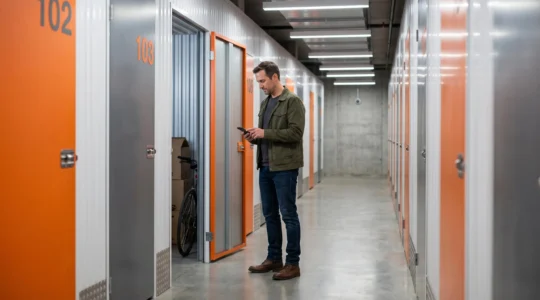 Couloir lumineux d'un centre de self-stockage moderne avec boxes individuels numérotés et caméra de surveillance visible, personne consultant son smartphone