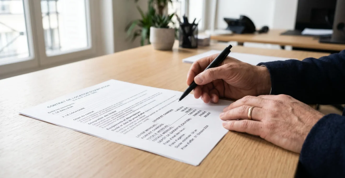 Main d'adulte pointant du doigt une ligne tarifaire sur un contrat de location de garde-meuble posé sur bureau blanc avec stylo