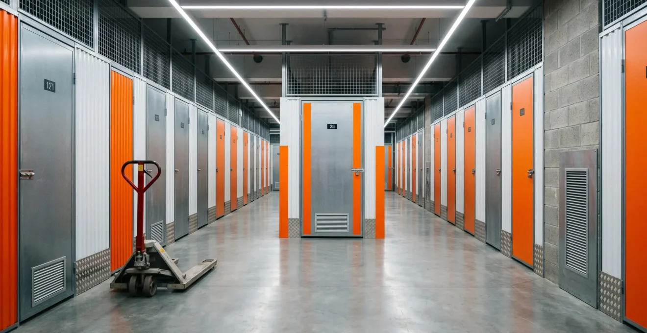 Transpalette métallique stationné dans allée lumineuse de centre de stockage avec boxes alignés de chaque côté et perspective du couloir